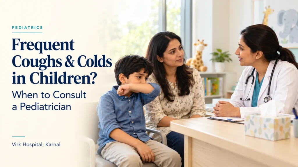Child with a cough and mother consulting a pediatrician at Virk Hospital, Karnal