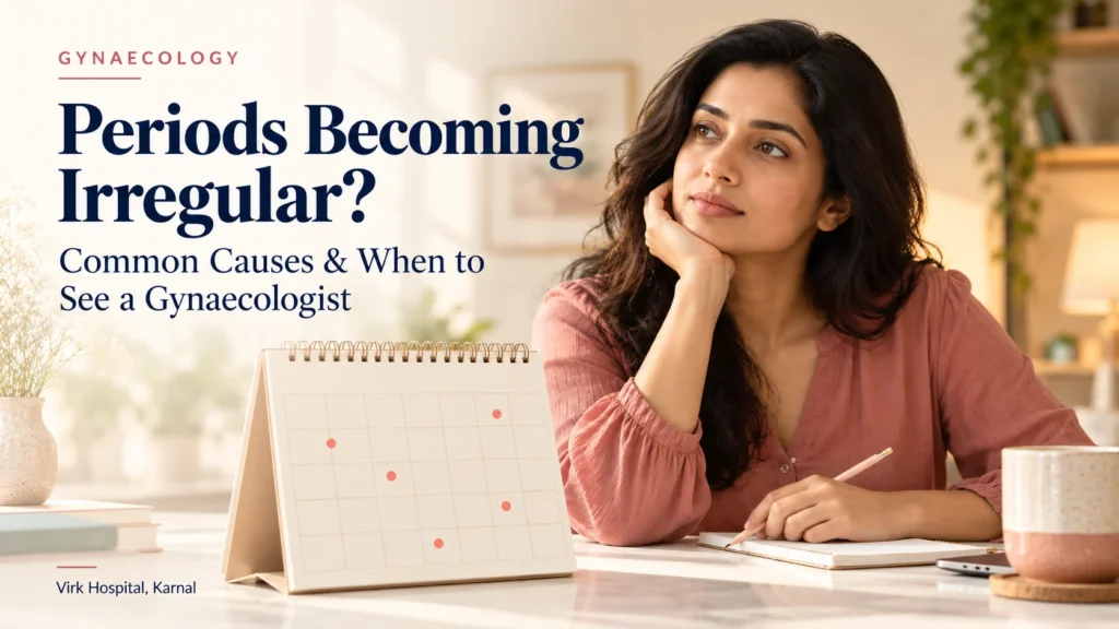 Woman tracking irregular periods on a calendar - causes and gynaecological care at Virk Hospital, Karnal