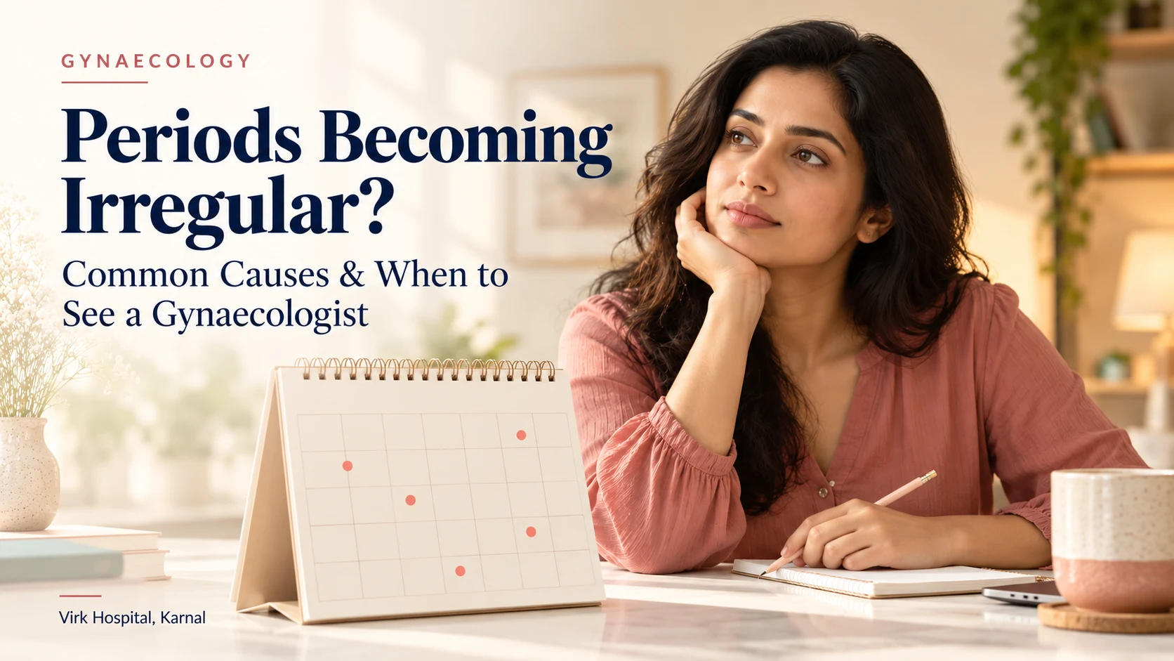Woman tracking irregular periods on a calendar - causes and gynaecological care at Virk Hospital, Karnal